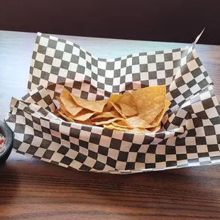 First time here. The salsa is nice and spicy, .and the chips crispy