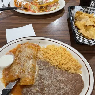 #9 2 Enchiladas w/ Rice &amp; Beans (ordered no lettuce or tomato) #6 1 Enchilada, 1 Taco, 1 Tostada w/ Rice &amp; Beans