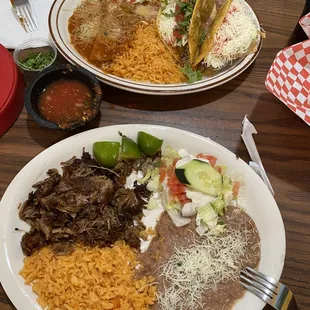 Carnitas, rice &amp; beans; tacos with rice and beans