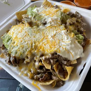 Carne asada nachos with only sour cream, guacamole and cheese on top