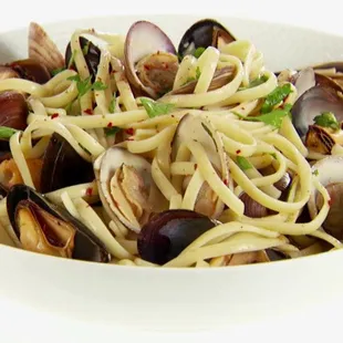 Clams Mussels over Linguine