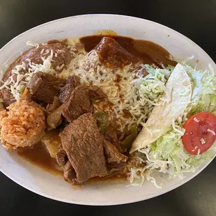 Luis&apos; Favorite. (And my favorite too!) Beef taco, beef enchilada, chili relleno, steak ranchero, beans, rice, &amp; salad. $19.49