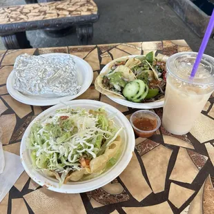 taco salad, street tacos, quesadilla, and horchata