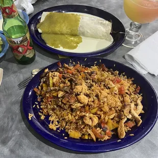 ##30 Paella on bottom, ##49 Burrito Norteno on top Seasonal margarita and XXX