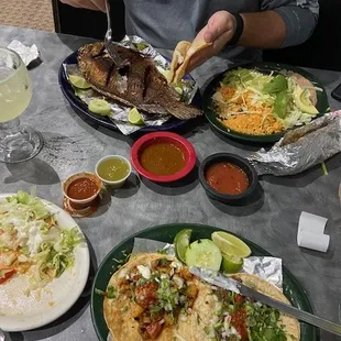 Tostada, Street Tacos, and  Mojarra Frita