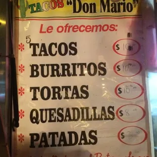 a menu for tacos burritos and quesadillas