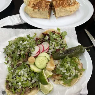 Carne Asada, Shrimp and Chorizo Tacos and Carne Asada/Chicken Burrito