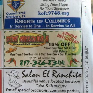 15% off Wed, Sat, &amp; Sun; with St. Francis Cabrini Church Bulletin... Maybe other church bulletins too.