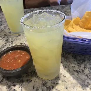 Great chips and salsa, pictured with the gratis margarita