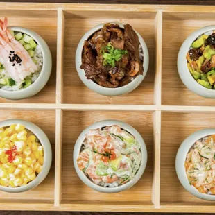 Mini Donburi Set: Sweet Shrimp, beef, avocado eel, creamy corn, salmon tuna tartare, spicy salmon kani.