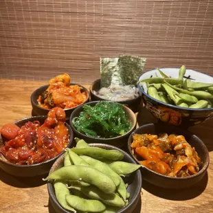 Cold Plates: Edamame, Baby Octopus, Tako Wasabi, Conch, Seaweed Salad