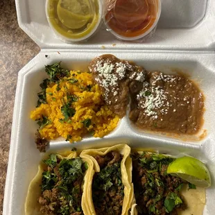 3 taco platter with asada no onions carrots or jalapeños fair price.