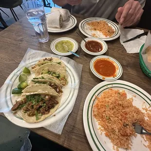 Shrimp and al pastor tacos, rice and chips/salsa
