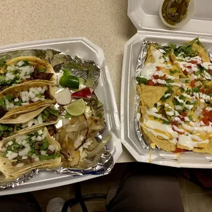 2 pastor tacos, 2 bistec tacos, and nachos with no meat.