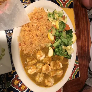 Shrimp Diablo with rice and veggie medley