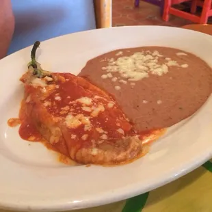 Chili relleno and beans. The second plate delivered with the $5.25 lunch special #1