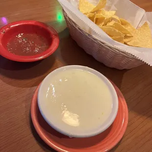 Queso, salsa, and chips
