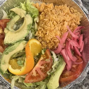 Fresh Salad with Avocado and Yellow Rice