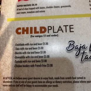Kids menu