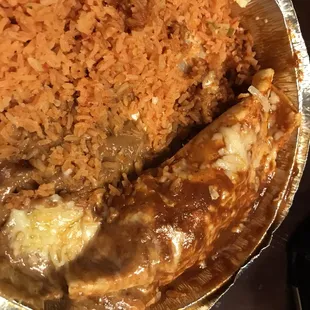 Chicken burrito, beans, and rice