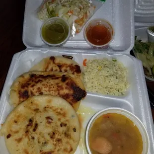 Spinach and cheese, pork, jalapeno and cheese, rice and beans