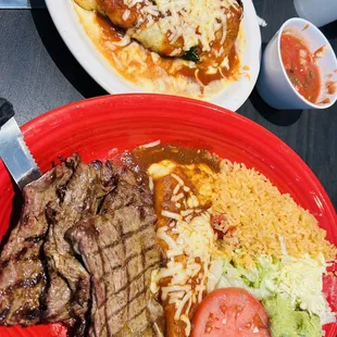 Mexican tampiqueña plate: carne asada and cheese enchilada. Chile Relleno a la carte.