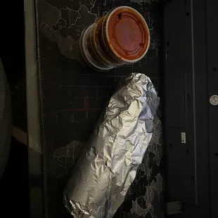 Super Asada Burrito with three different salsas.