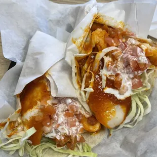 Two spicy fish tacos. Amazingly delicious.