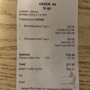 a receipt for mexican grill