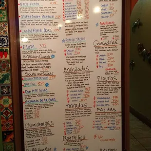 Menu as of March 2018