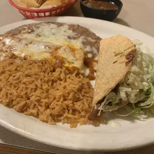 Lunch plate of taco and enchilada