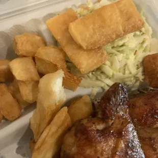 Old stale yuca, and good looking but room temperature old chicken.