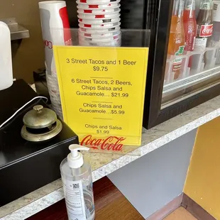 Inside: specials and hand sanitizer at the register