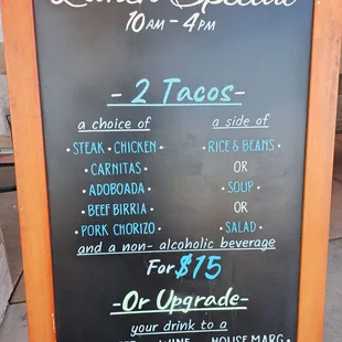 Lunch special menu 10 am to 4 pm as of 12/9/24