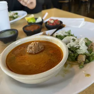Lunch special:  Albondigas, one taco of adobada, one taco of chile verde