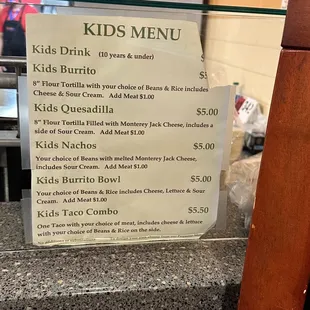 Kids menu