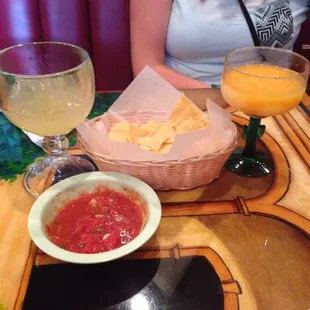 Homemade chips and salsa with top shelf marg. Salsa is EXCELLENT. just enough spice.