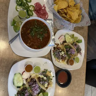 Birria consome, street tacos (2 each of lengua, pastor, Mayan)