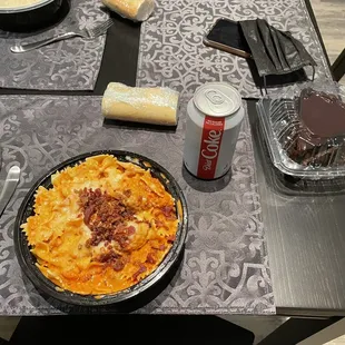 Farfulle pasta alla vodka with meatballs and chocolate cake