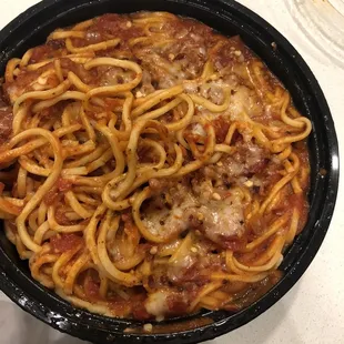 Spaghetti, no meat, this is what I got on my second trip to don rigatoni's and it was delish!