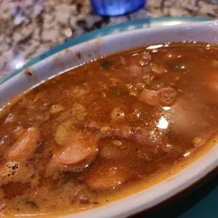 Ranchero Beans, note the hot dogs in the beans... a must try...