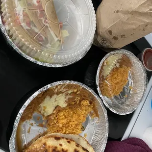 Chicken quesadilla beef tacos one bag of chips