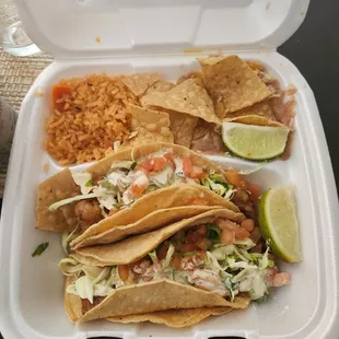 Fish taco combo w/ drink ($11.49):  pretty good, but the corn tortilla flavor is overpowering &amp; dry. Beans &amp; rice were tasty. 7.5/10 rating.