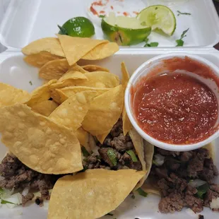 3 beef tacos and chips &amp; salsa. Yummy