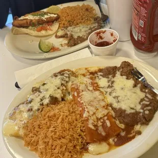 Enchilada and Chile Relleno combo plate  other meal is Fish taco