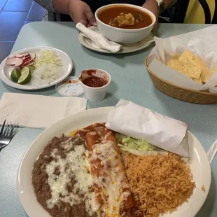 Lunch special cheese enchilada with rice, beans and a taco, pozole, and horchata... mmmm...