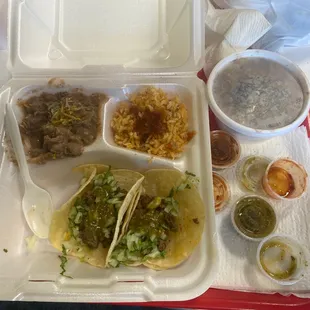 Beef shell with Mexican rice and bean also added sauce on side yummy