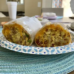 On the left: 1/2 machaca burrito On the right: 1/2 hashbrown burrito with bacon