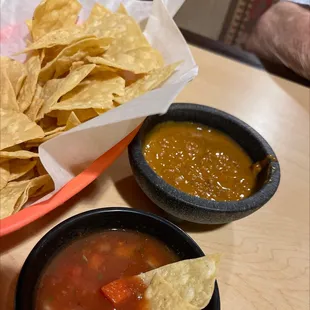 Bean dip and salsa with chips. Definite kick to the salsa but in a good way.