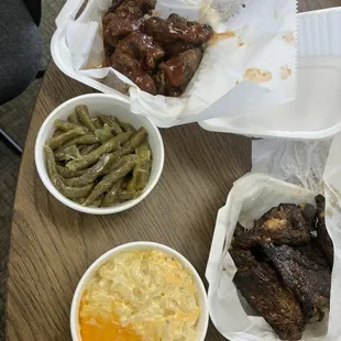 Turkey tips, wings, Mac and cheese and green beans